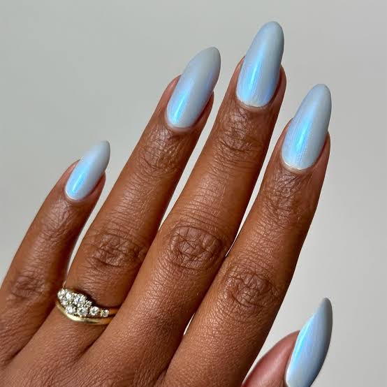 Short Almond Milky Shimmer Blue Nails — Cute Blue Almond Nails