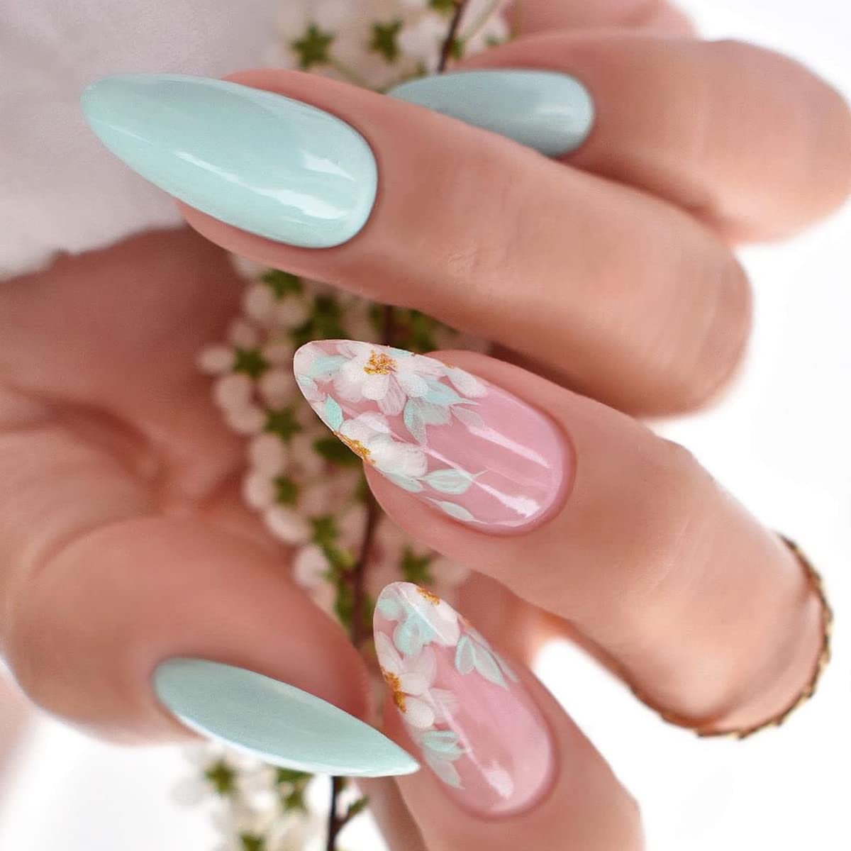 Short Pastel Blue Floral Accent Almond Nails — Cute Blue Almond Nails