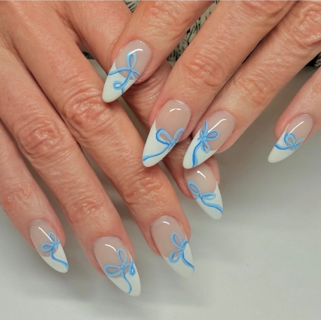 Long Almond Nails with White Tips and Blue Bows — Cute Blue Almond Nails