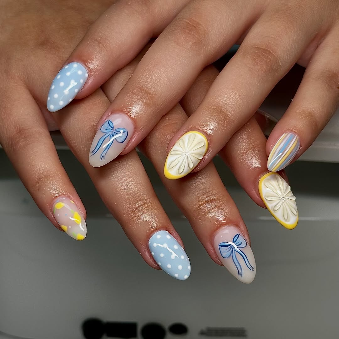 Medium Almond Nails With Blue Dots, Bows, Lemons — Cute Blue Nails