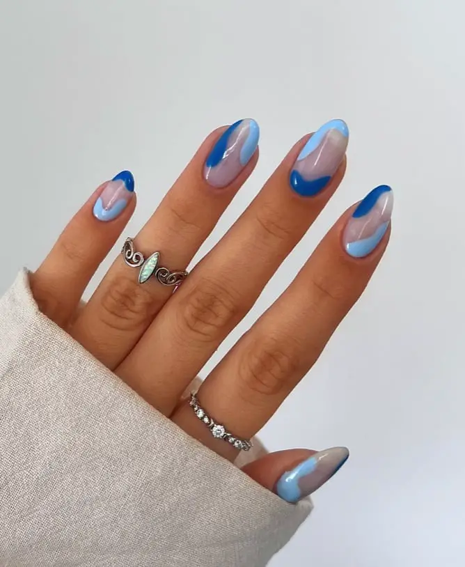 Medium Almond Abstract Blue And Light Blue Design — Cute Blue Nails