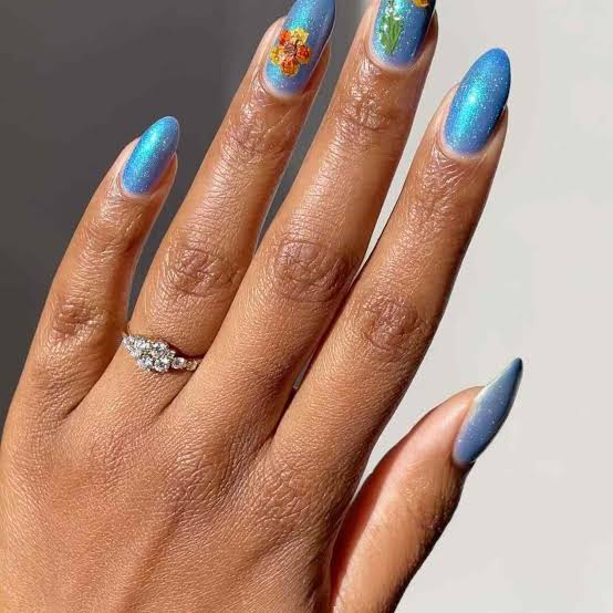 Medium Almond Blue Shimmer Nails With Floral Accents — Cute Blue Nails