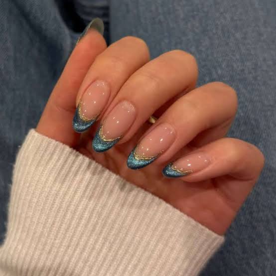 Medium Almond Sheer French Tip With Blue Shimmer — Cute Blue Nails