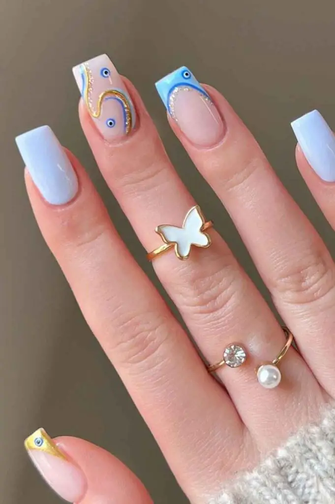 Medium Square Blue Eye Motif Nails With Gold Accents — Cute Blue Nails