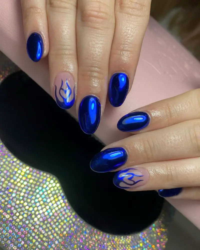 Short Oval Deep Metallic Blue Chrome Nails With Flames — Cute Blue Nails