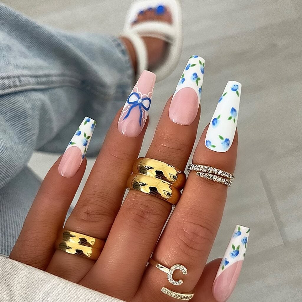 Short Square White Nails With Blue Floral French — Cute Blue Nails
