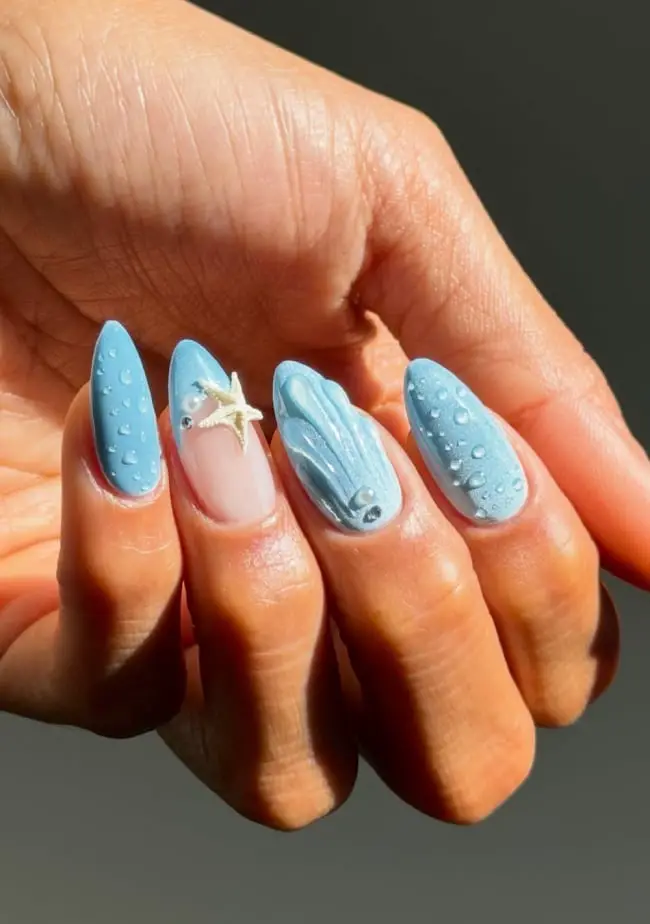 Matte Sky Blue Nails With 3D Water Droplets And Seashell — Cute Blue Nails