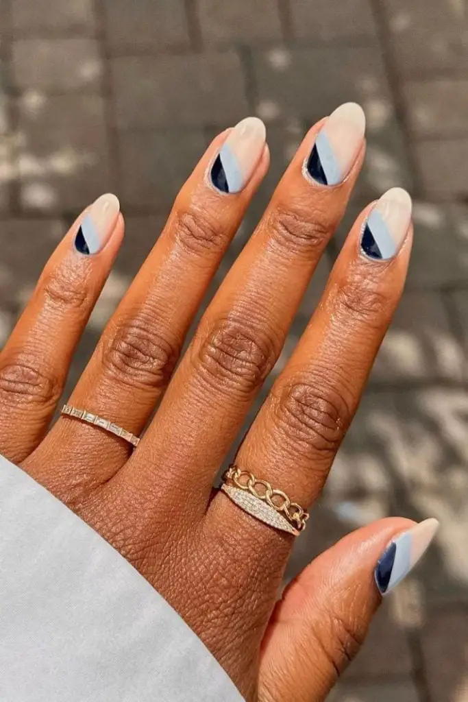 Short Oval Beige Nails With Geometric Blue Stripes — Cute Blue Nails