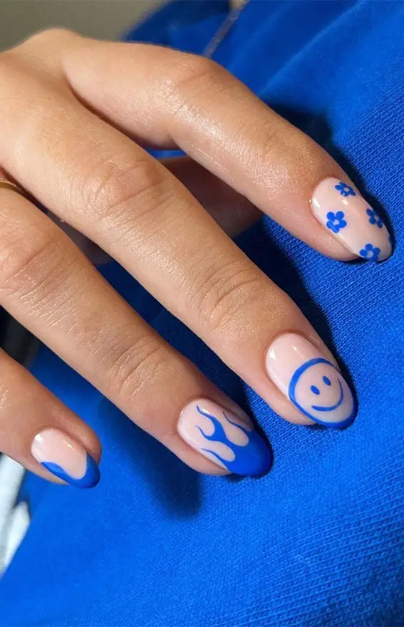 Short Oval Pink Base With Blue Flame French And Smiley — Cute Blue Nails