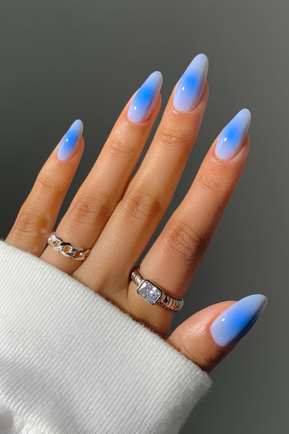 Matte Sky Blue Aura Gradient Medium Almond Nails — Cute Blue Nails