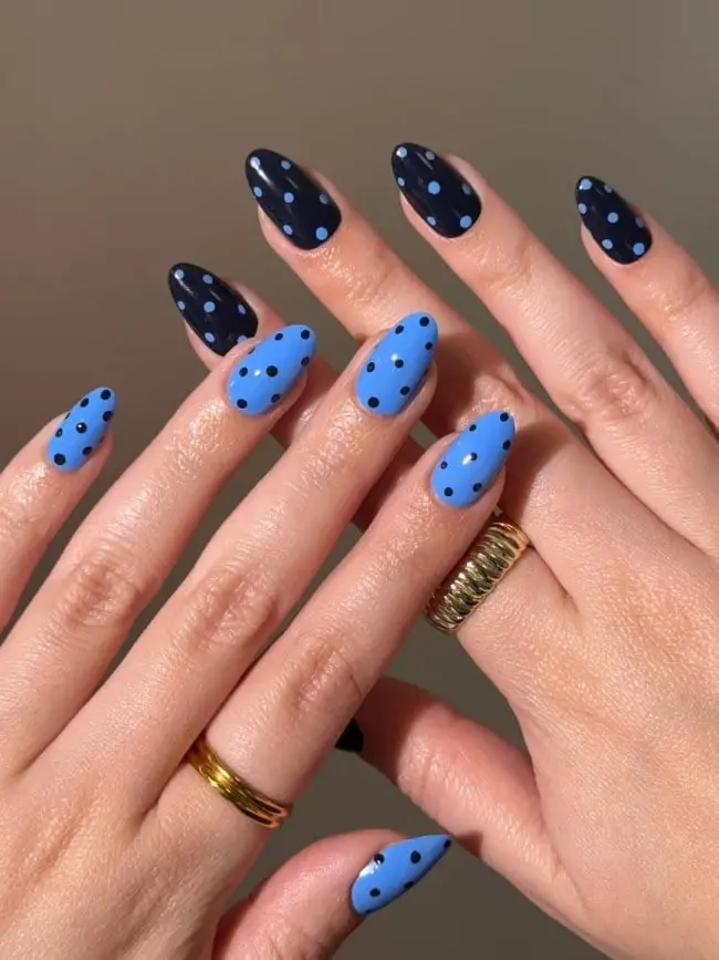 Medium Almond Navy And Sky Blue Polka Dot Nails — Cute Blue Nails