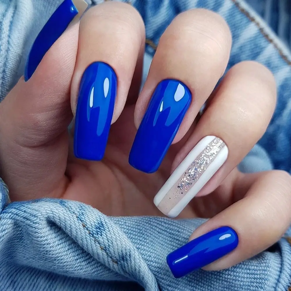 Vibrant Cobalt Blue Long Coffin Nails With Glitter — Cute Blue Nails