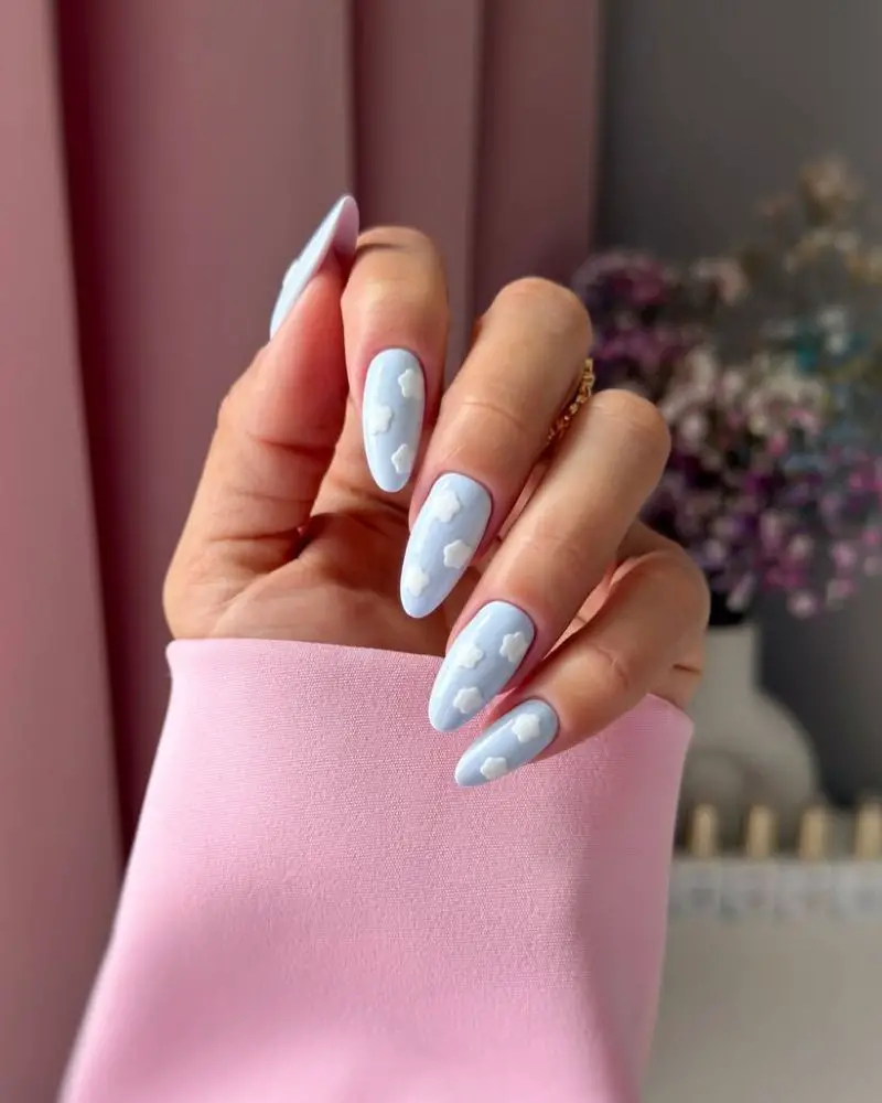 Baby Blue Medium Almond Nails With 3D Clouds — Cute Blue Nails