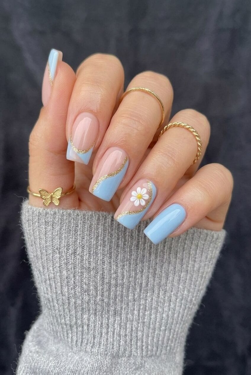 Medium Square Pink Base With Blue French Tips And Daisies — Cute Blue Nails