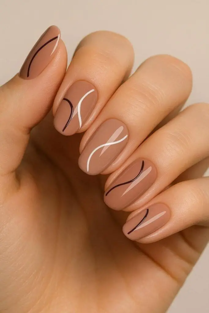 Minimalist Nude Brown White Line Nails Minimalist Nude Brown White Line Nails — Cute Brown Nails