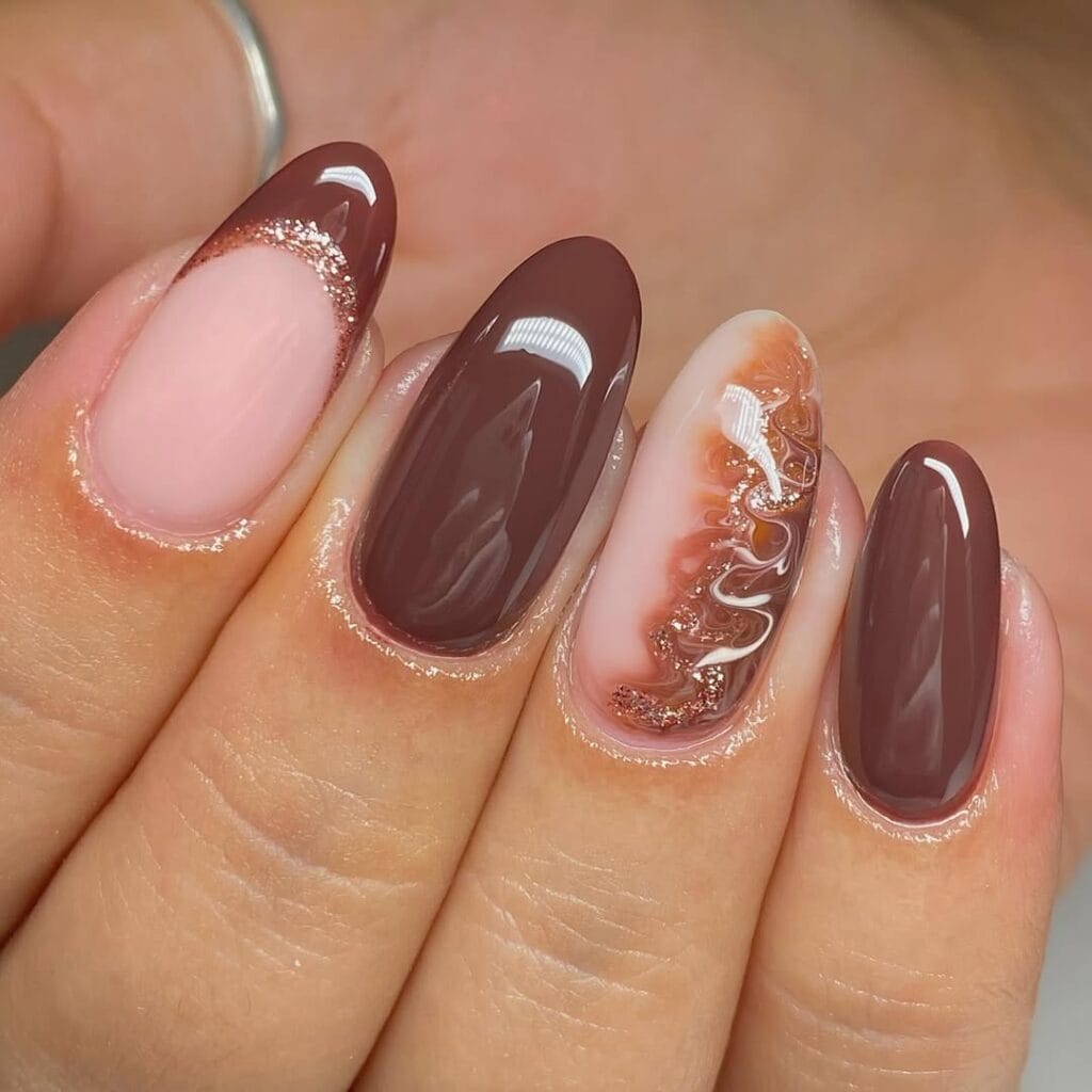 Abstract Swirl Glitter French Tip Oval Nails Abstract Swirl Glitter French Tip Oval Nails — Cute Brown Nails