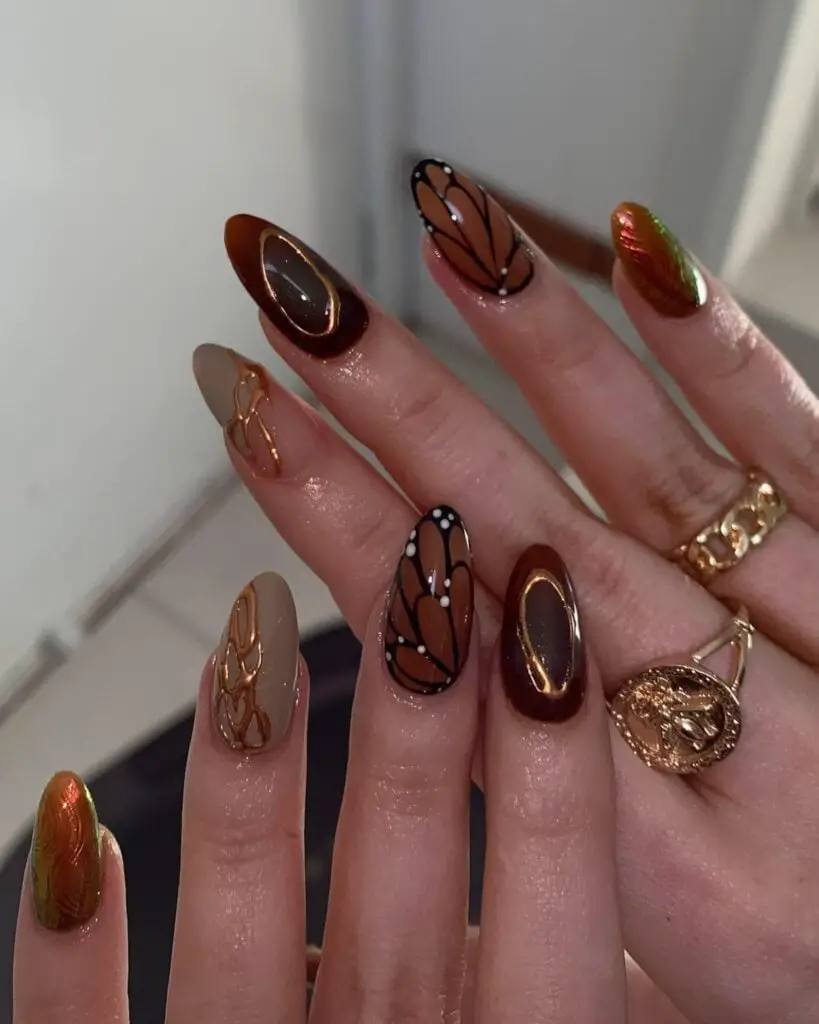 Brown Butterfly Wing Gold Swirl Almond Nails Brown Butterfly Wing Gold Swirl Almond Nails — Cute Brown Nails