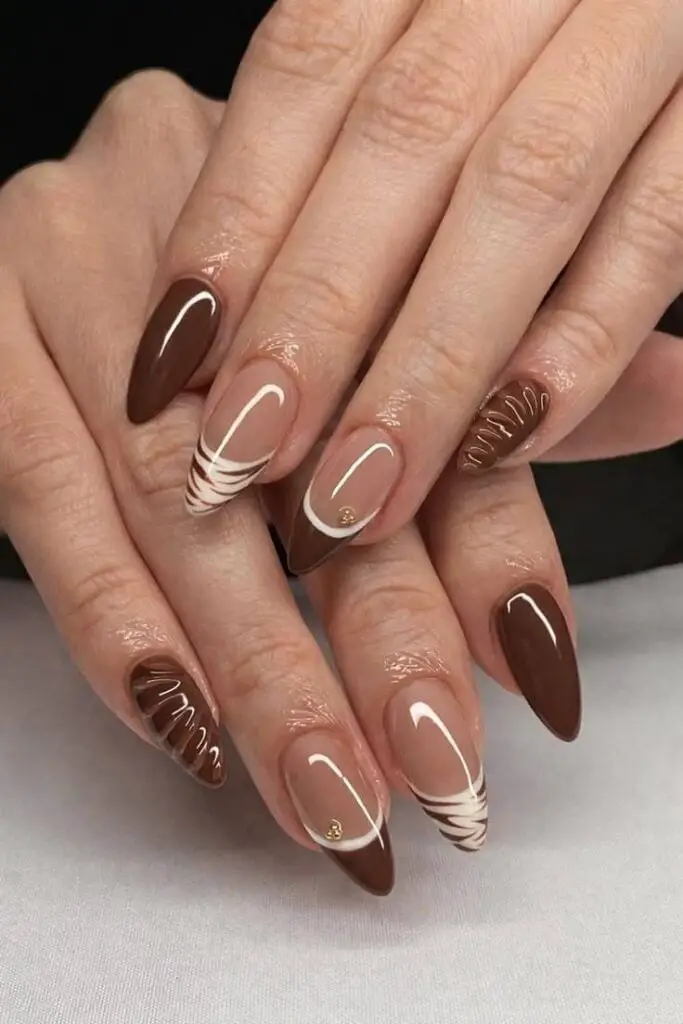 Spiral Pattern Brown French Tip Almond Nails Spiral Pattern Brown French Tip Almond Nails — Cute Brown Nails