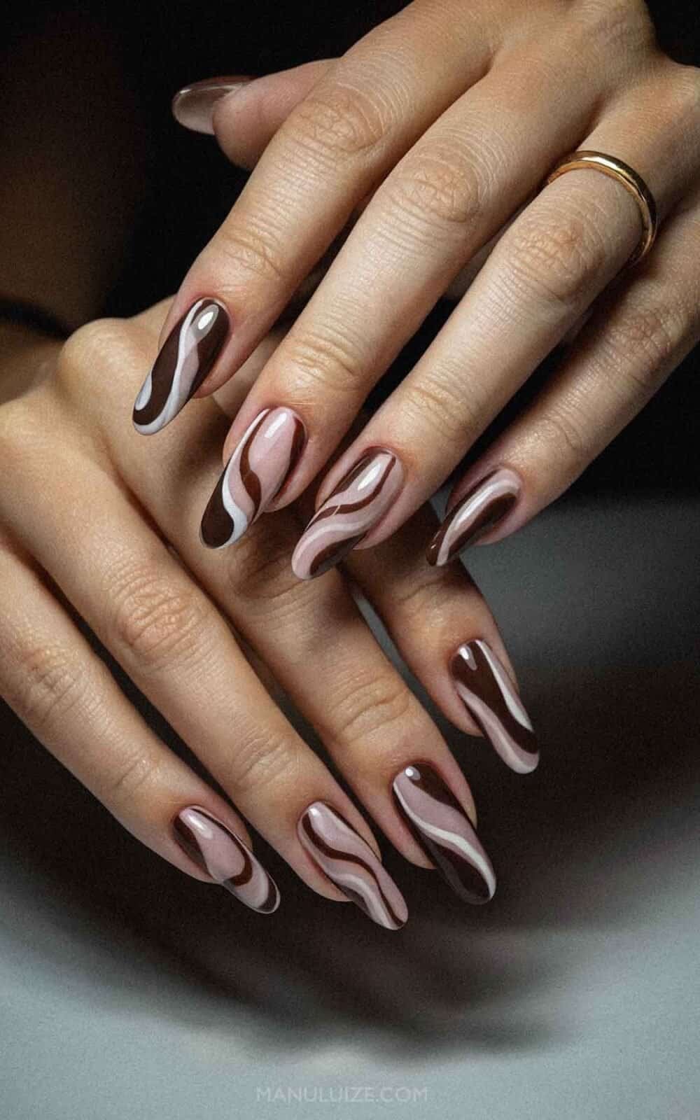 Abstract Swirls Dark Light Nude White Nails Abstract Swirls Dark Light Nude White Nails — Cute Brown Nails