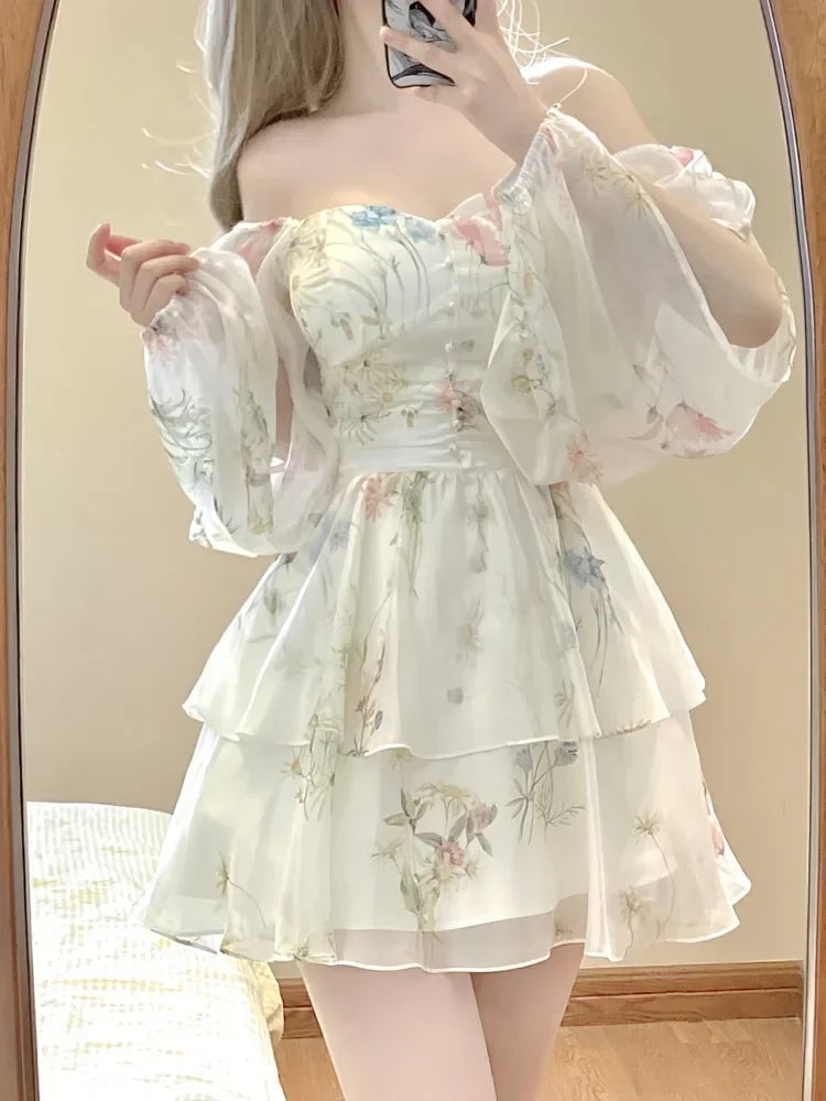 Pastel Floral Chiffon Mini Dress with Puff Sleeves Pastel Floral Chiffon Mini Dress with Puff Sleeves — Cute Chiffon Dresses