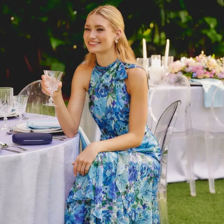 Blue Floral Print Chiffon Maxi Dress with Tiered Skirt Blue Floral Print Chiffon Maxi Dress with Tiered Skirt — Cute Chiffon Dresses