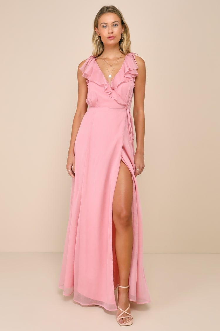 Hot Pink Chiffon Wrap Maxi Dress with High Slit Hot Pink Chiffon Wrap Maxi Dress with High Slit — Cute Chiffon Dresses