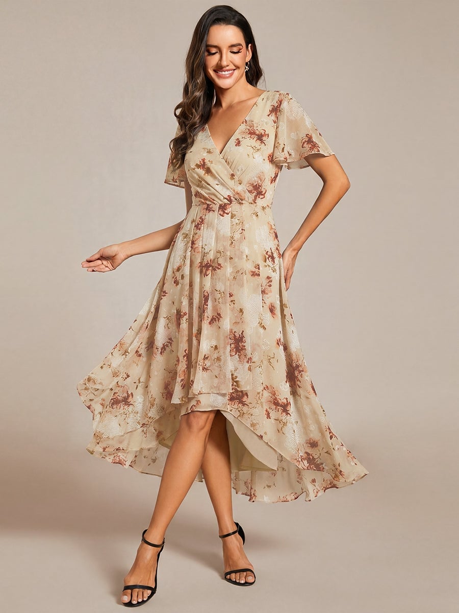 Beige Floral Chiffon Midi Dress with High-Low Hem Beige Floral Chiffon Midi Dress with High-Low Hem — Cute Chiffon Dresses