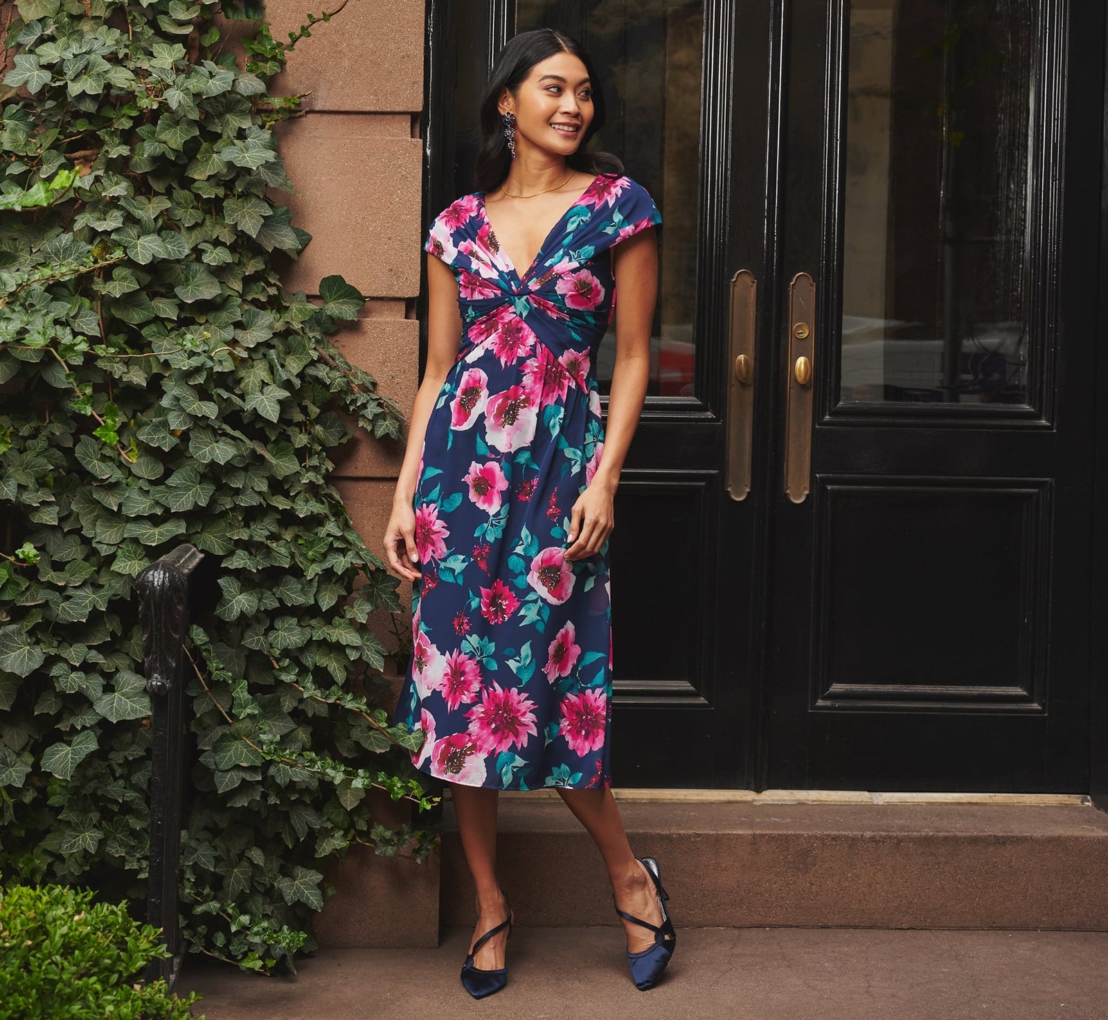 Navy Floral Print Chiffon Midi Dress with Cap Sleeves Navy Floral Print Chiffon Midi Dress with Cap Sleeves — Cute Chiffon Dresses