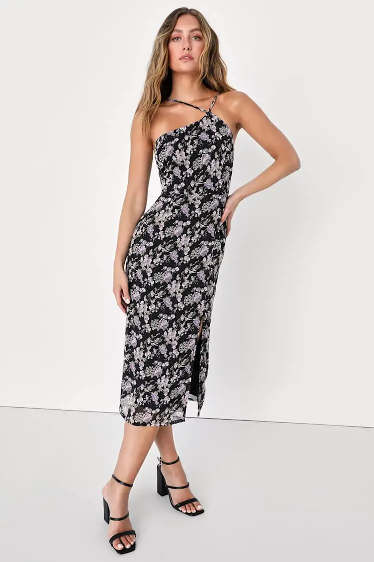 Black Floral Print Chiffon Midi Dress with Halter, Close-Up Take Black Floral Print Chiffon Midi Dress with Halter, Close-Up Take — Cute Chiffon Dresses