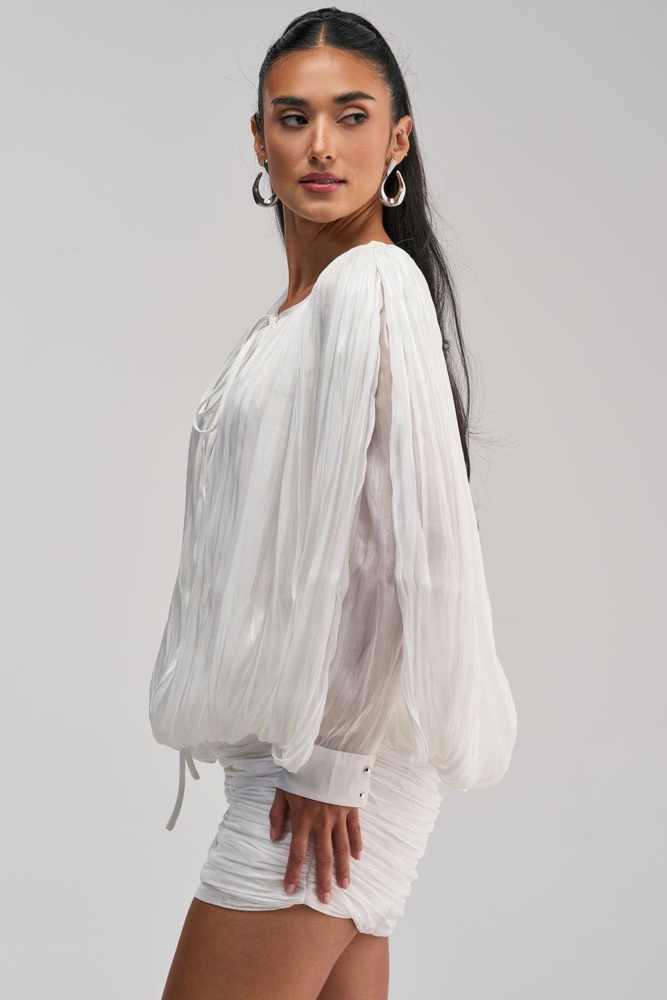 White Chiffon Dress with Balloon Sleeves and Ruched, Close-Up Take White Chiffon Dress with Balloon Sleeves and Ruched, Close-Up Take — Cute Chiffon Dresses