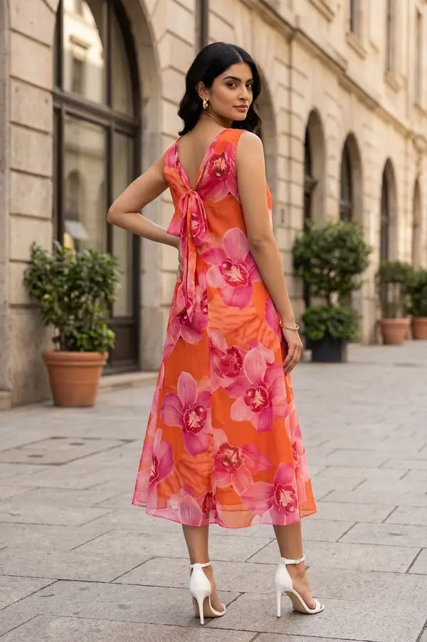Orange Floral Chiffon Midi Dress with V-neck, Office-Safe Version Orange Floral Chiffon Midi Dress with V-neck, Office-Safe Version — Cute Chiffon Dresses