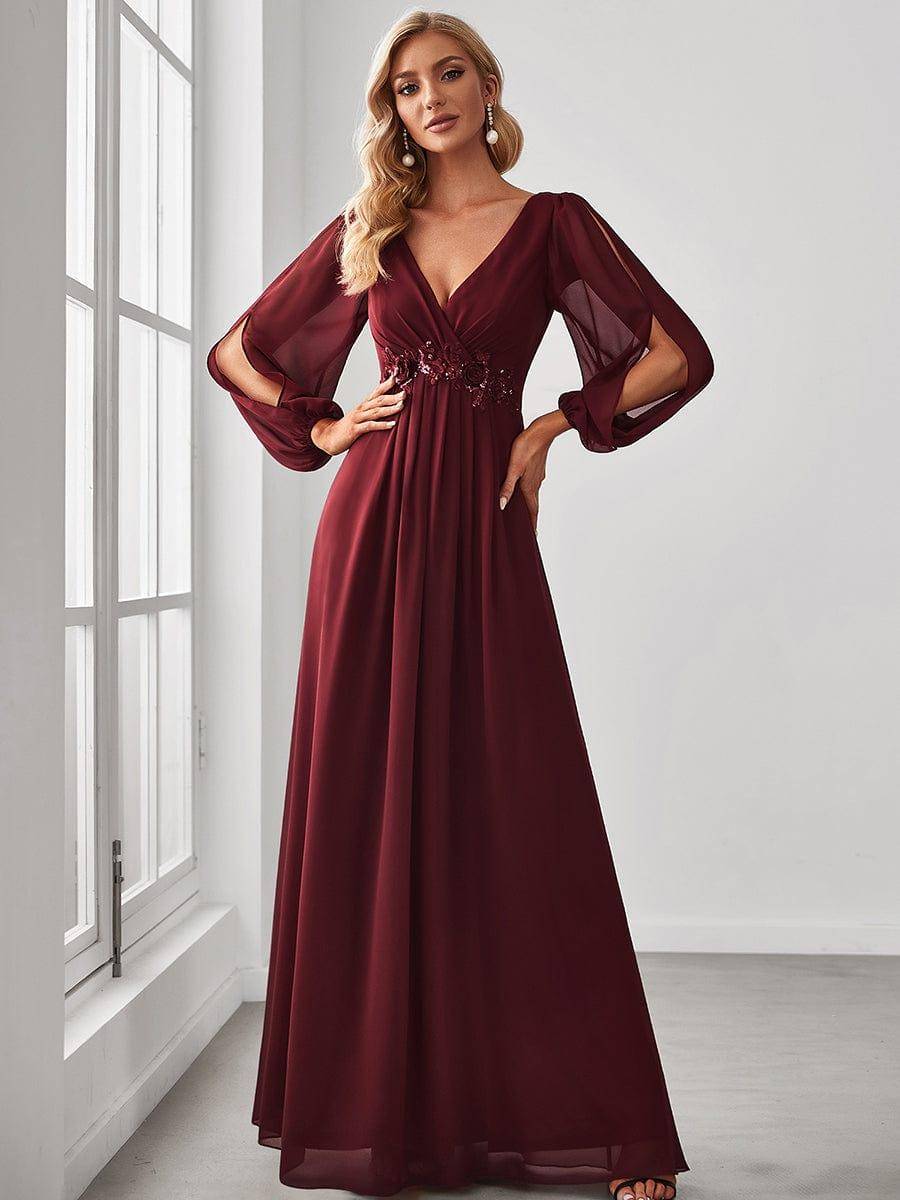 Burgundy Chiffon Dress with Split Sleeves, Close-Up Take Burgundy Chiffon Dress with Split Sleeves, Close-Up Take — Cute Chiffon Dresses