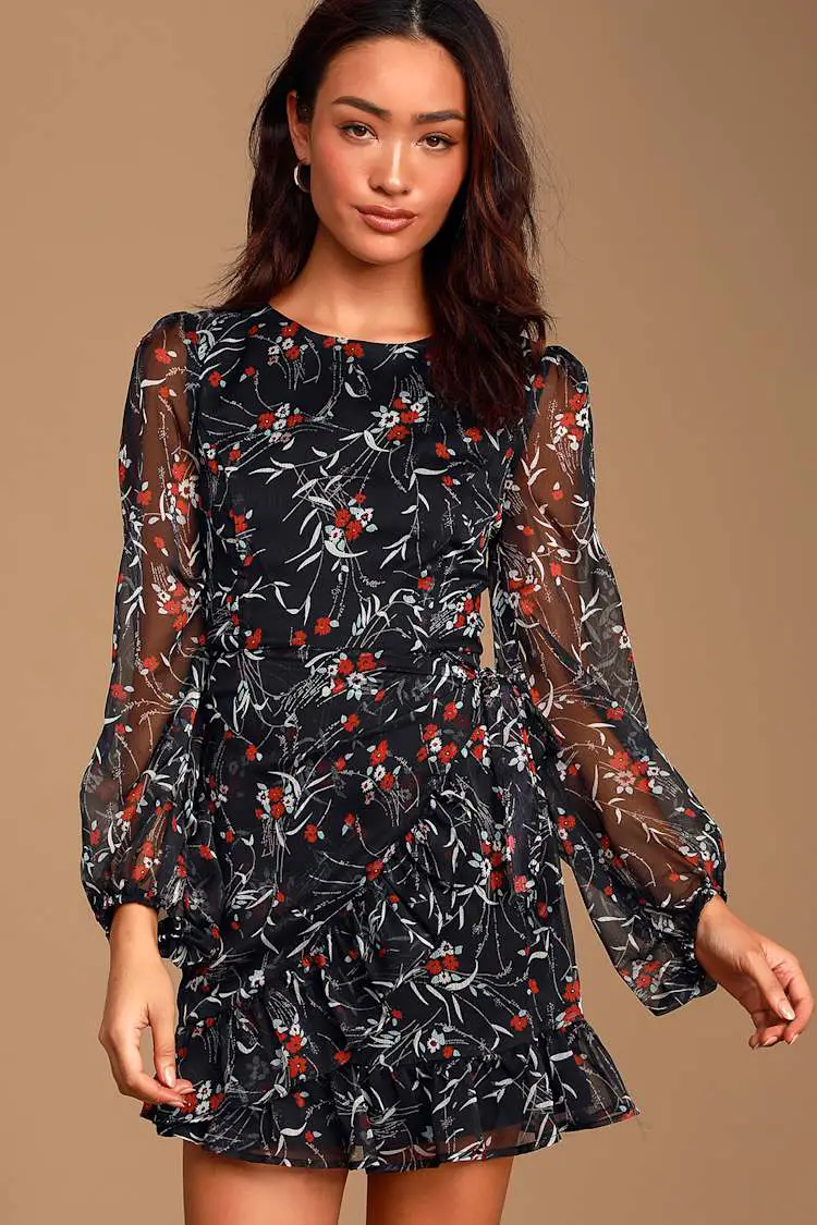 Black Floral Print Long Sleeve Chiffon Wrap Dress Black Floral Print Long Sleeve Chiffon Wrap Dress — Cute Chiffon Dresses