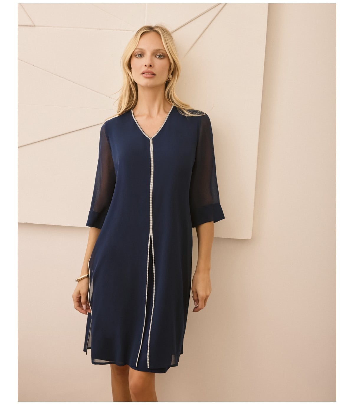 Navy Blue Chiffon Shift Dress with Sheer Sleeves Navy Blue Chiffon Shift Dress with Sheer Sleeves — Cute Chiffon Dresses