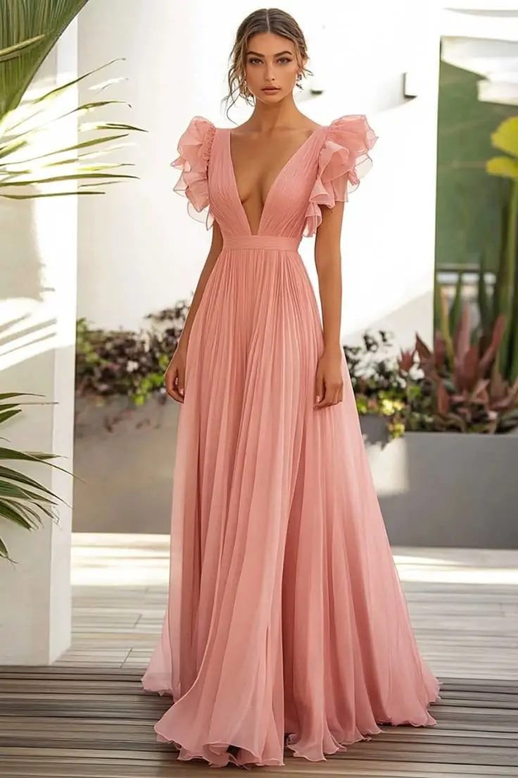 Blush Pink Pleated Chiffon Maxi Dress with Ruffled Sleeves Blush Pink Pleated Chiffon Maxi Dress with Ruffled Sleeves — Cute Chiffon Dresses