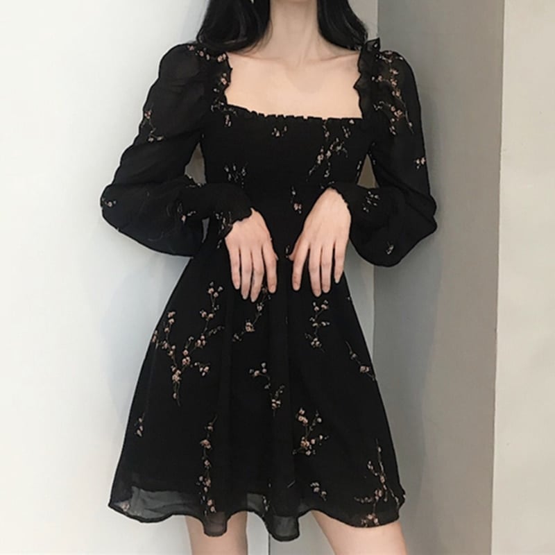 Black Floral Print Chiffon Dress with Square Neckline Black Floral Print Chiffon Dress with Square Neckline — Cute Chiffon Dresses