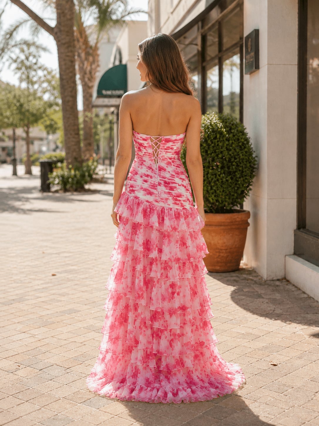 Pink and White Tie-Dye Strapless Chiffon Dress with Tiered Skirt Pink and White Tie-Dye Strapless Chiffon Dress with Tiered Skirt — Cute Chiffon Dresses
