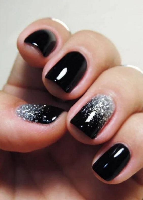 Glossy Black Silver Glitter Gradient Square Nails Glossy Black Silver Glitter Gradient Square Nails — Cute Dark Nails