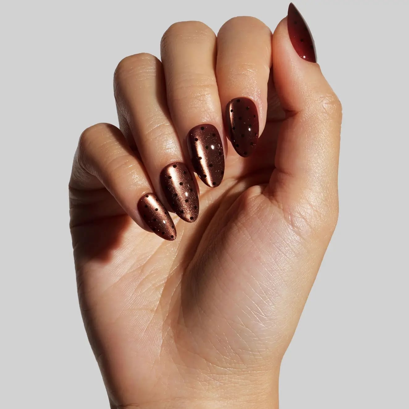 Metallic Copper Dot Medium Almond Nails Metallic Copper Dot Medium Almond Nails — Cute Dark Nails