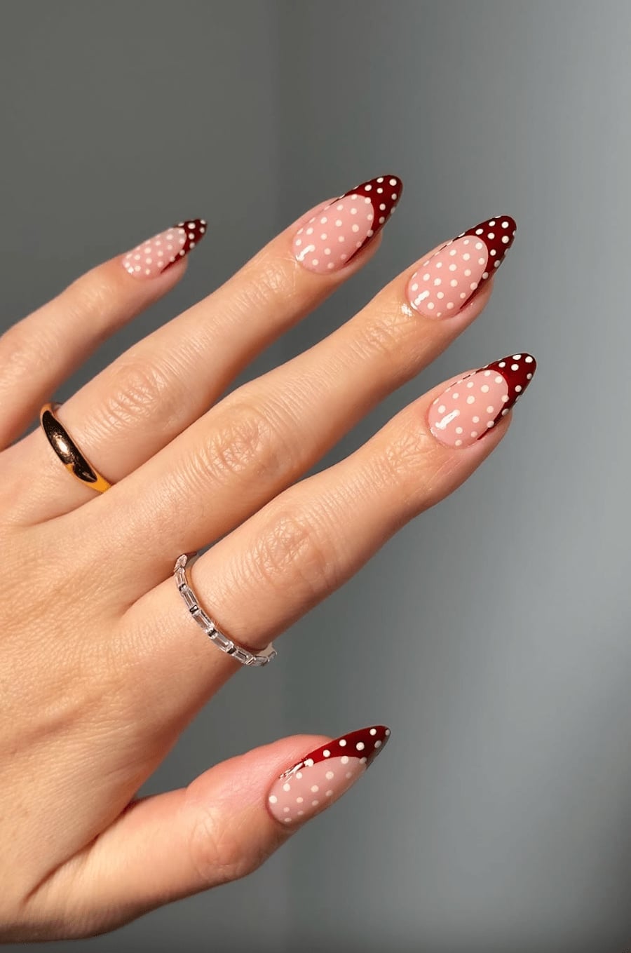 Long Stiletto Nude With Red French Polka Dots Long Stiletto Nude With Red French Polka Dots — Cute Dip Powder Nails