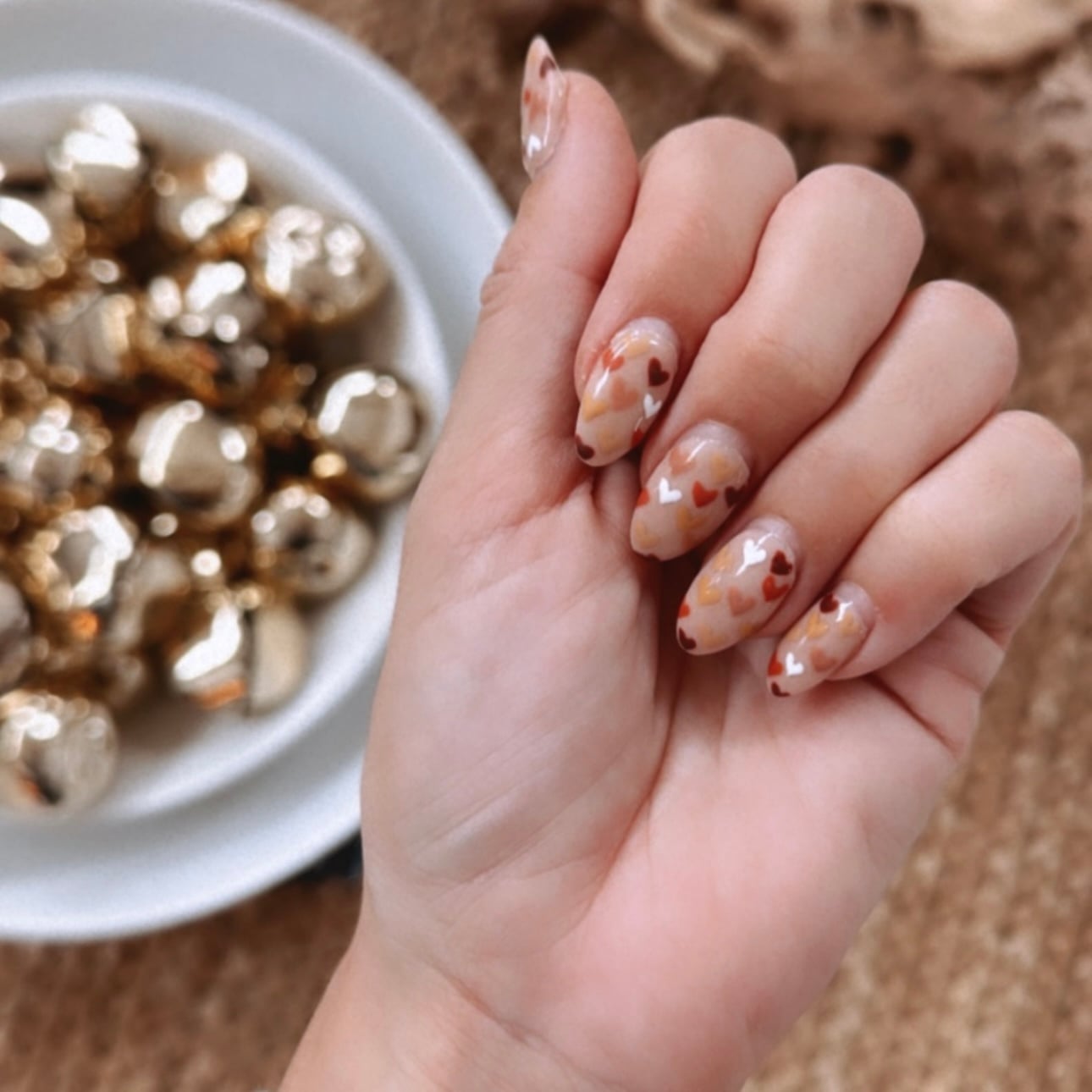 Short Almond Nude With Scattered Heart Motifs Short Almond Nude With Scattered Heart Motifs — Cute Dip Powder Nails