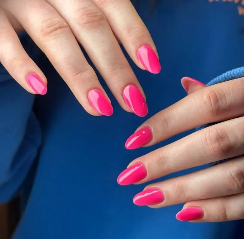 Short Almond Bright Pink Glossy Nails, Softer, Office-Safe Version Short Almond Bright Pink Glossy Nails, Softer, Office-Safe Version — Cute Dip Powder Nails
