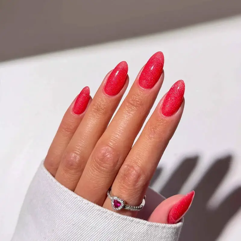 Long Oval Bright Red Sheer Glitter Polish Long Oval Bright Red Sheer Glitter Polish — Cute Dip Powder Nails