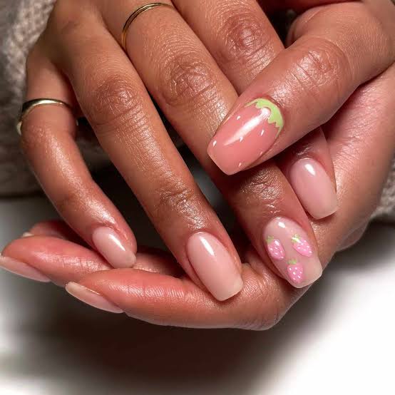 Medium Almond Pink With Strawberry Art Medium Almond Pink With Strawberry Art — Cute Dip Powder Nails