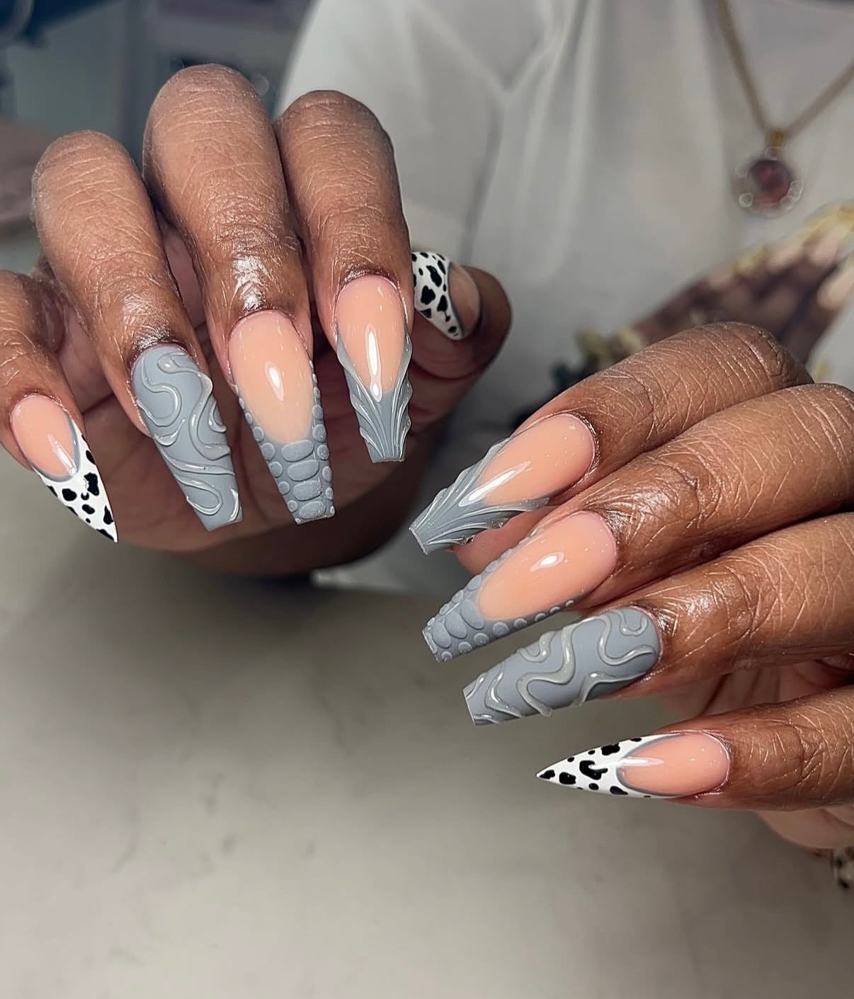 Long Coffin Nude With 3D Swirls and Cow Print Long Coffin Nude With 3D Swirls and Cow Print — Cute Dip Powder Nails