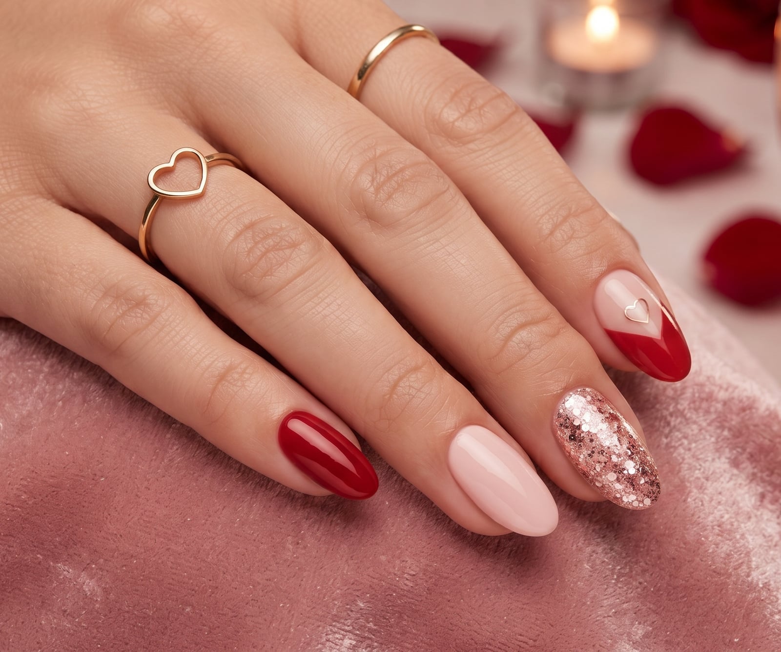 Almond Red Nude With Rose Gold Glitter Almond Red Nude With Rose Gold Glitter — Cute Dip Powder Nails