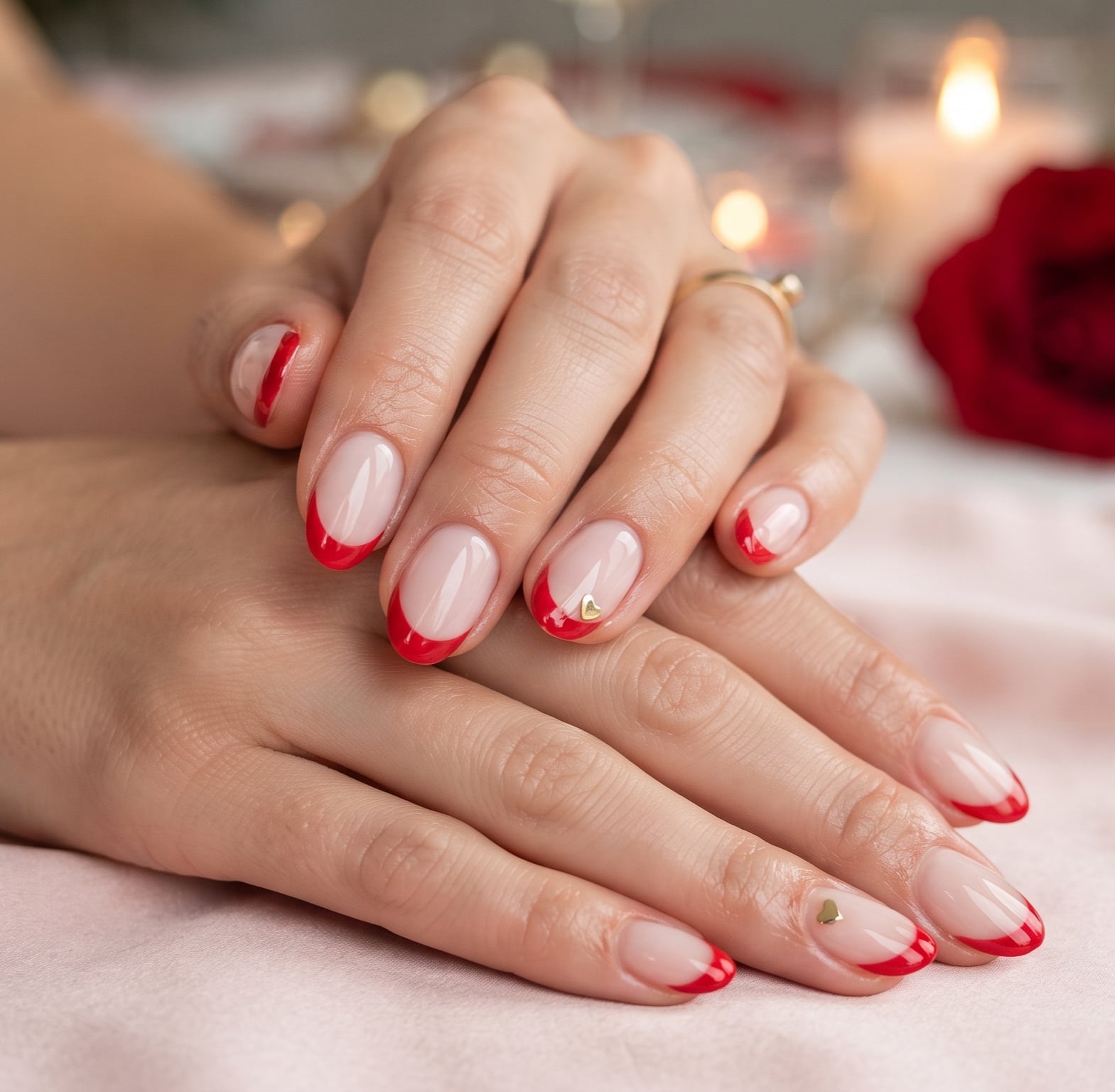 Almond Nude With Red French And Gold Hearts Almond Nude With Red French And Gold Hearts — Cute Dip Powder Nails