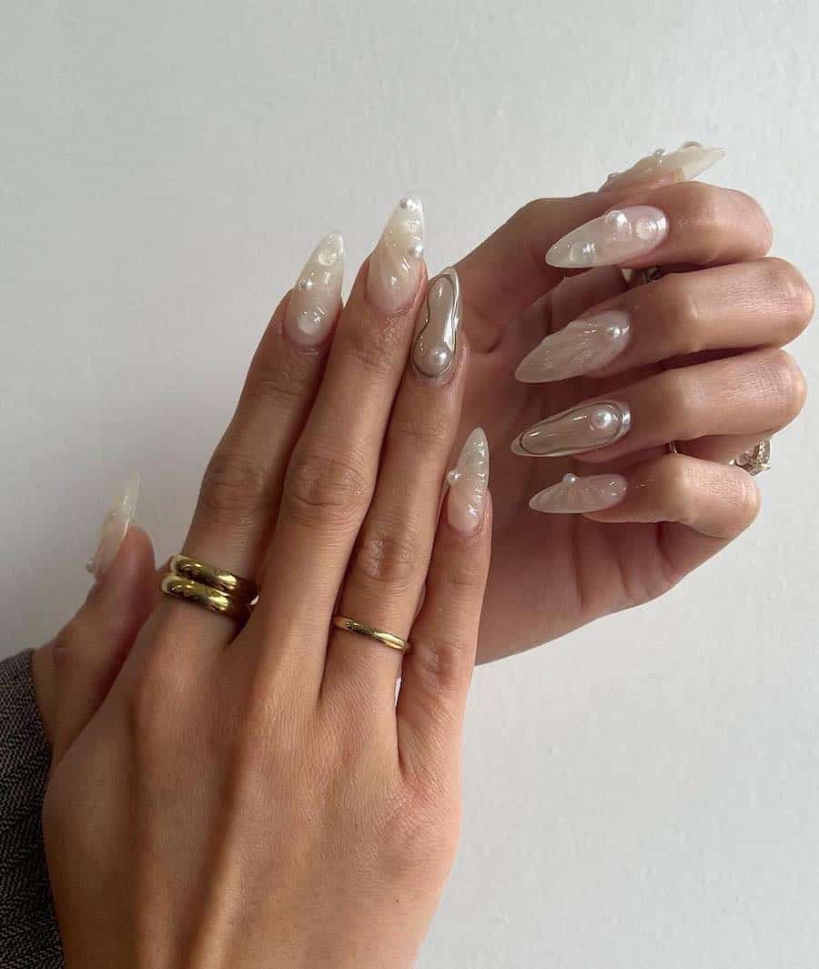 Long Stiletto Milky White With Pearl Accents Long Stiletto Milky White With Pearl Accents — Cute Dip Powder Nails