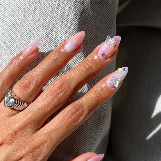 Medium Almond Nails With 3D Butterflies and Rhinestones — Cute Gel X Nails