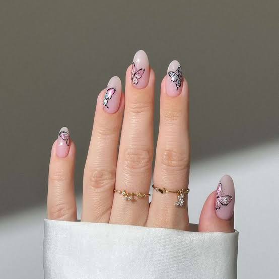Short Almond Nails With Iridescent Butterfly Decals — Cute Gel X Nails